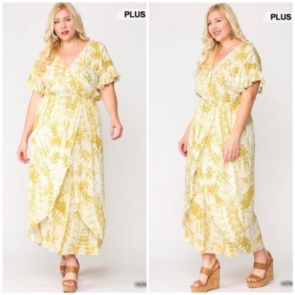 Gigio | Sunburst Golden Tie Dye Peek A Boo Slit Surplice Maxi Dress New 1X Plus - Picture 7 of 11